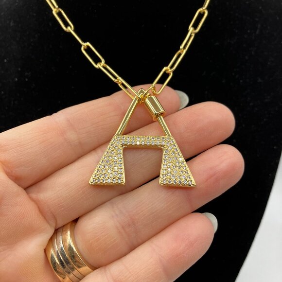 Brass Letter "A" Pendant Cubic Zirconia adjustable 20 inch Paper Clip Chain NEW - Picture 12 of 12